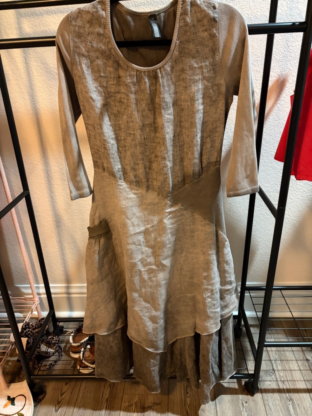 Women’s Casual Layered Taupe Linen Dress - Scoop Neck, 3/4 Sleeves
